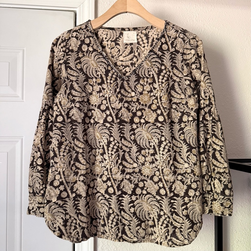 FOLKSONG tan brown floral tropical gauze v-neck beaded cropped‎ blouse shirt